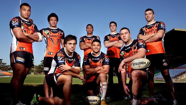 Back row- Ava Seumanufagai, Sauaso Sue, Tim Simona, Mitchell Moses, James Tedesco Front row - Luke Brooks, David Nofoaluma, Curtis Sironen the West Tigers Young Guns at Concrod Oval.