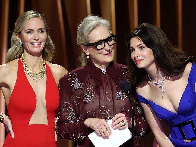 LOS ANGELES, CALIFORNIA - FEBRUARY 24: (L-R) Emily Blunt, Meryl Streep, and Anne Hathaway speak onstage during the 30th Annual Screen Actors Guild Awards at Shrine Auditorium and Expo Hall on February 24, 2024 in Los Angeles, California. (Photo by Matt Winkelmeyer/Getty Images)