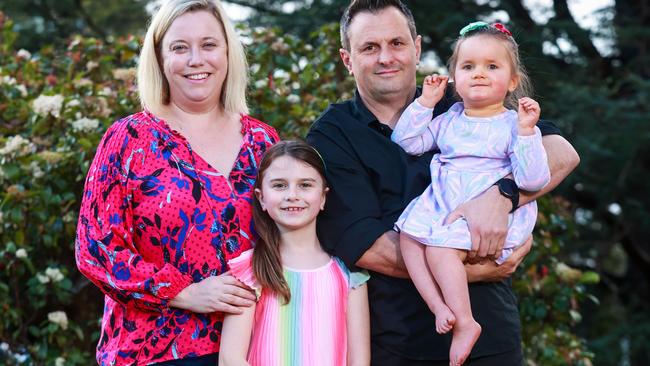 Kate and Thomas Schlosser with Olivia, 5, and Anna, 7, whose renewal took 17 weeks. Picture: Justin Lloyd.