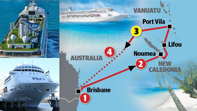 Cruise ship Pacific Dawn and it's route. The Brisbane woman fell overboard near New Caledonia as the ship was returning to Queensland.