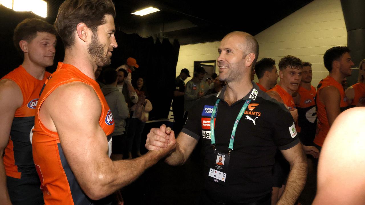 Mark McVeigh, pictured in the rooms with Callan Ward after the Giants’ round 21 win over Essendon, has chosen not to be part of Adam Kingsley’s staff. Picture: Phil Hillyard