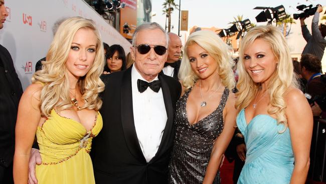 Girls Next Door stars Holly Madison and Bridget Marquardt, pictured with Hef and Kendra Wilkinson, have lifted the lid on Hef’s messy lifestyle. Picture: Getty Images.