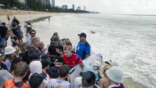 Mick Fanning leaves the surf at the Gold Coast Pro, Burleigh Heads. Picture: Glenn Campbell