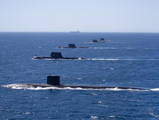 United States Navy Submarine USS Santa Fe transits in formation with Royal Australian Navy Collins Class Submarines HMAS Collins, HMAS Farncomb, HMAS Dechaineux and HMAS Sheean in the West Australian Exercise Area. Photo: LEUT Chris Prescott