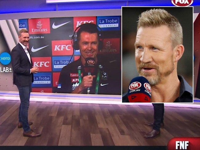 Nathan Buckley and Craif McRae share a laugh on Fox Footy. Photo: Kayo, AFL Photos via Getty.