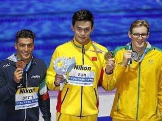 CONFLICT: Sun Yang and Mack Horton at the 2017 Budapest World Champs. Photo: AP Photo/ Darko Bandic. Picture: Darko Bandic