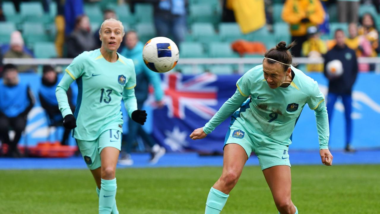 Caitlin Foord scores for the Matildas in Tashkent. Picture: Tolib Kosimov/Getty Images