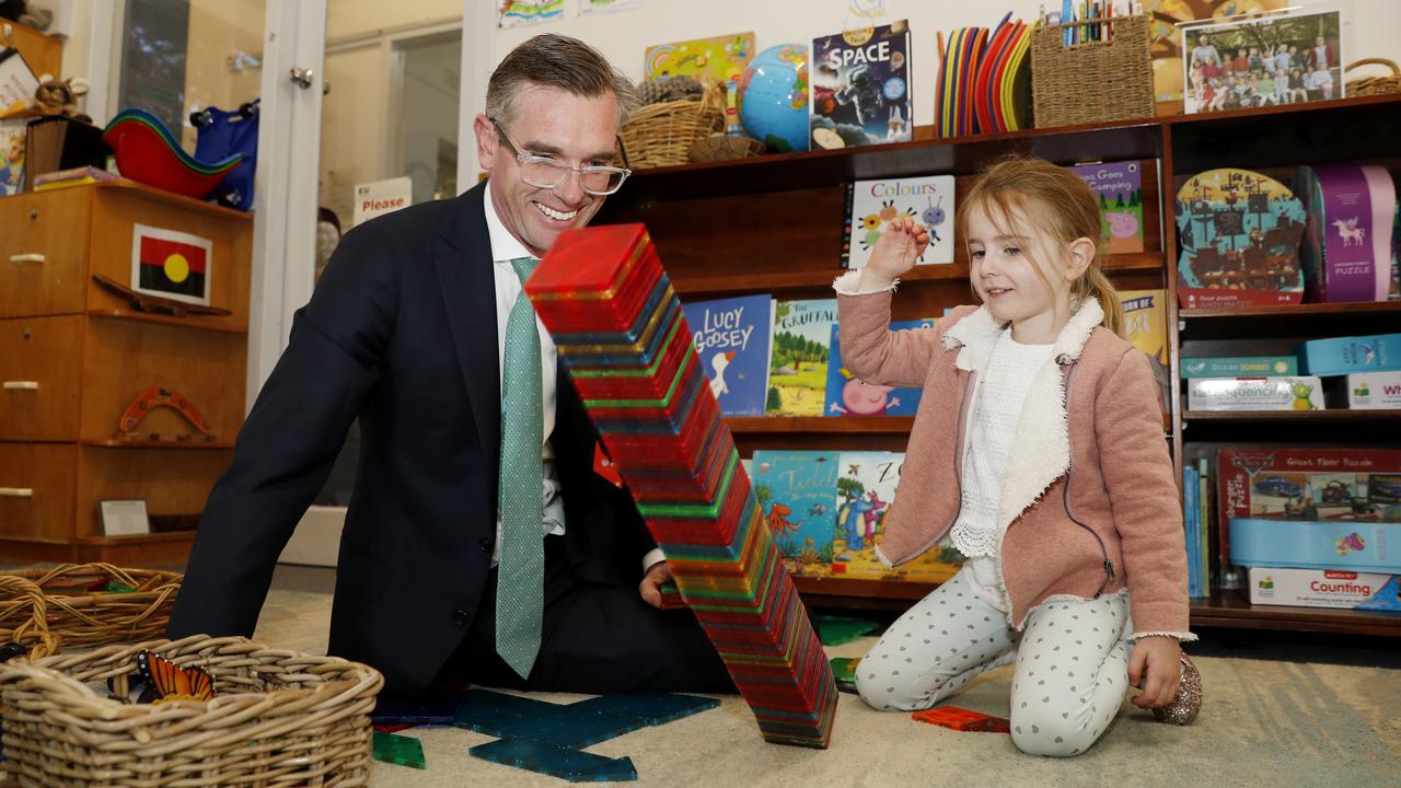 NSW Premier Dominic Perrottet plays with his daughter Harriet. Preschool children will benefit from budget announcements. Picture: NCA NewsWire / Nikki Short