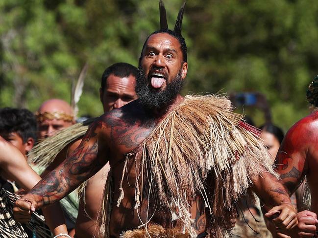 Maori warriors welcome NZ Prime Minister Christopher Luxon at Te Whare Rūnanga for Waitangi Day, which marks the 1840 treaty signing between Maori chiefs and the British Crown. Picture: Fiona Goodall/Getty Images