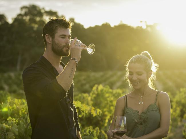 Chris Hemsworth and Elsa Pataky in South Australia’s Barossa Valley after the filming of Tourism Australia’s spoof Dundee Movie ad. Picture: Christian Prieto