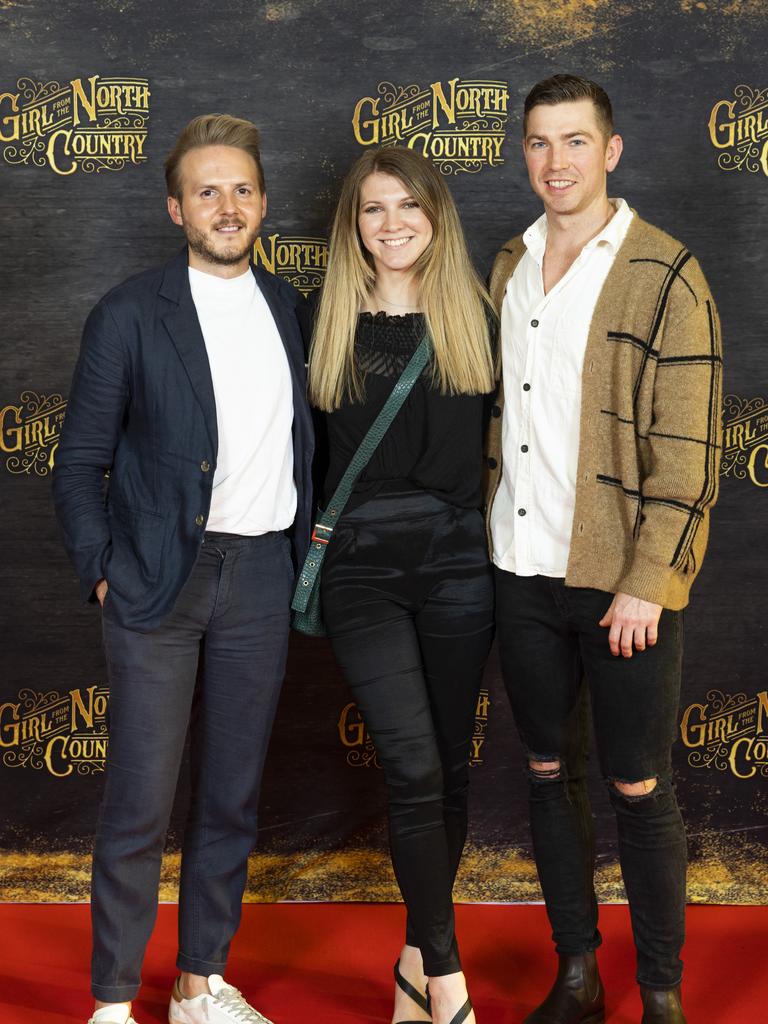 Alex Mundy, Stefanie Nobilo and Mitchell Potts at the premiere of Girl From the North Country at QPAC Brisbane. Picture: Richard Walker/RDW Photography