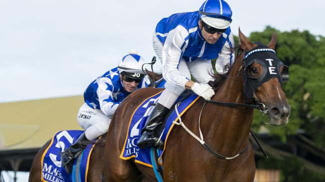 Jockey Brad Stewart rides Vanna Girl to victory in race 7, the Magic Millions The Roses, during racing at Eagle Farm Racecourse in Brisbane, Saturday, June 13, 2020. (AAP Image/Supplied by Michael McInally, Racing Queensland) NO ARCHIVING, EDITORIAL USE ONLY