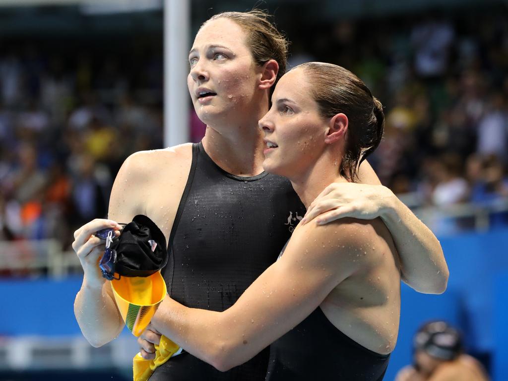 Australia's Cate Campbell, left, and Australia's Bronte Campbell after the final of the women's 100-meter freestyle during the swimming competitions at the 2016 Summer Olympics, Thursday, Aug. 11, 2016, in Rio de Janeiro, Brazil. (AP Photo/Lee Jin-man)