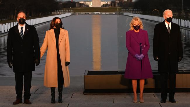 Kamala Harris and husband Douglas Emhoff with Joe and Jill Biden during the COVID-19 memorial. Picture: AFP