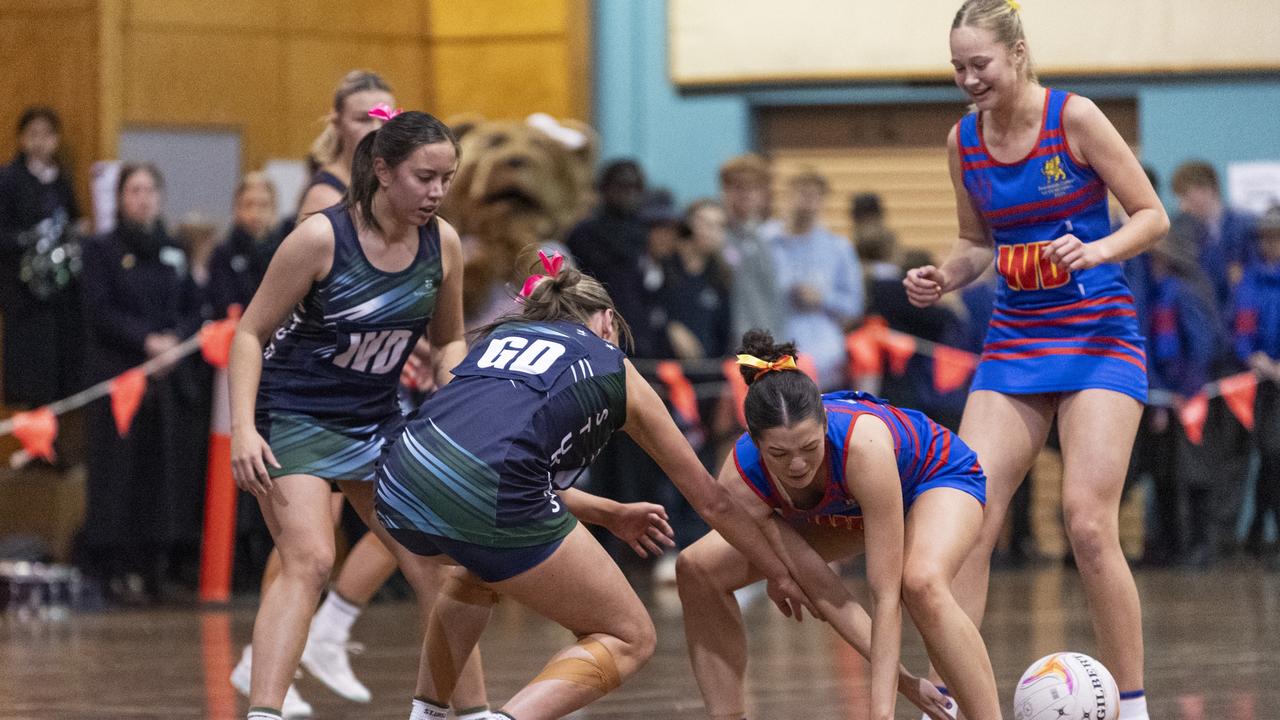 St Ursula's Senior A against Downlands First VII in Merici-Chevalier Cup netball at Salo Centre, Friday, July 19, 2024. Picture: Kevin Farmer