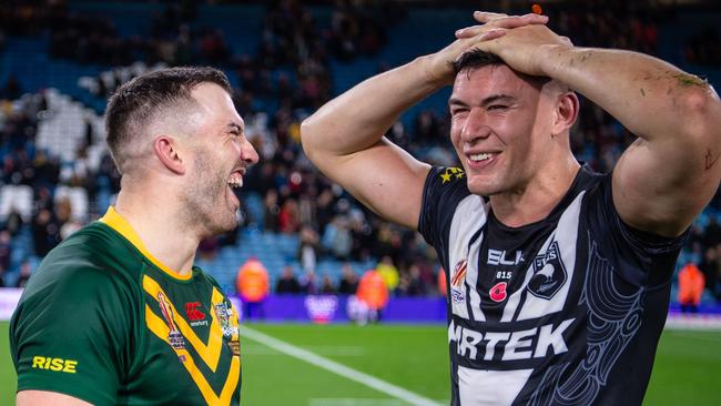 James Tedesco with Roosters teammate Joey Manu.