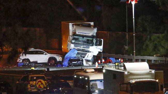 The multiple crash between cars and the truck on the Eastern Freeway at Kew. Picture: David Caird