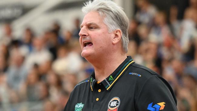 GOLD COAST, AUSTRALIA - SEPTEMBER 07: Scott Roth head coach of the Jackjumpers reacts during the 2024 NBL Blitz match between Tasmania Jackjumpers and Brisbane Bullets at Carrara Indoor Sports Stadium on September 07, 2024 in Gold Coast, Australia. (Photo by Matt Roberts/Getty Images)