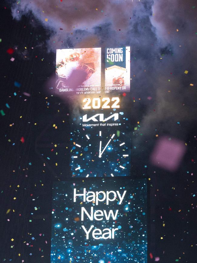 Confetti flies in the air at Times Square to mark the New Year in New York City on January 1, 2022. Picture: AFP