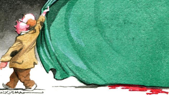 OZ Oped art. 16/09/2014 Academic type drawing a green curtain over a pool of blood. Artwork by Sturt Krygsman.