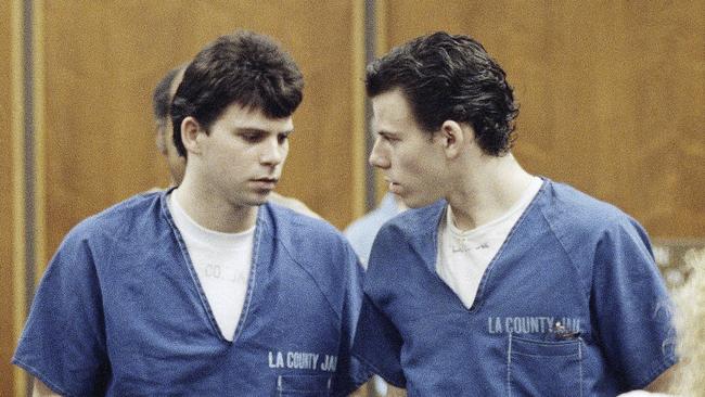 FILE - Lyle, left, and Erik Menendez leave a courtroom in Santa Monica, Calif., Aug. 6, 1990, after a judge ruled that conversations between the brothers and their psychologist after their parents were slain were not privileged and could be used as evidence. (AP Photo/Nick Ut, File)
