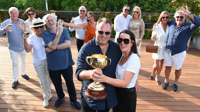 Winning owners Nick and Saskia Williams with the Melbourne Cup at The Prince of Wales Hotel in St Kilda. Picture: Josie Hayden