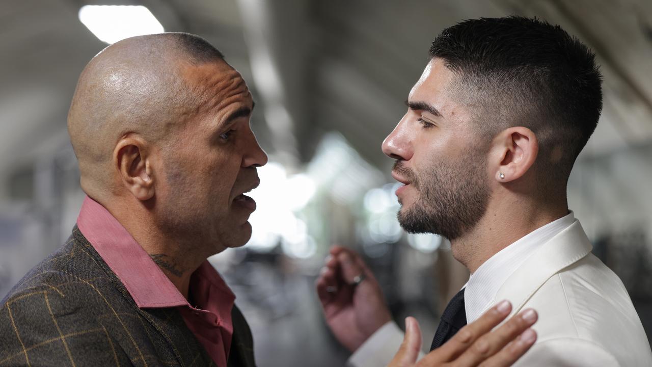 Anthony Mundine (left) and Michael Zerafa have plenty to say to each other before their March 13 fight. Picture: Jonathan DiMaggio/Getty Images