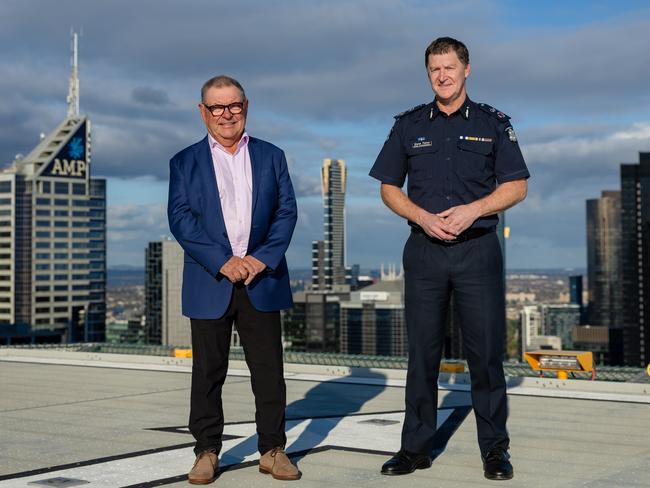 Steve Price speaks with Chief Commissioner Shane Patton at Police HQ. Picture: Jason Edwards