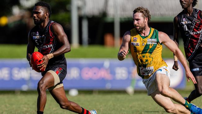 Kim Kantilla and Dylan Landt as St Mary's took on the Tiwi Bombers in the 2024-25 NTFL men's semi-final. Picture: Pema Tamang Pakhrin