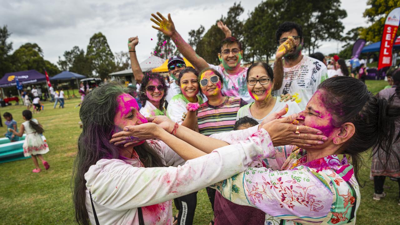 Alka Mahida (left) and Varsha Patel as the Toowoomba Indian and Nepalese communities celebrate Holi, the festival of colours, Saturday, March 23, 2024. Picture: Kevin Farmer