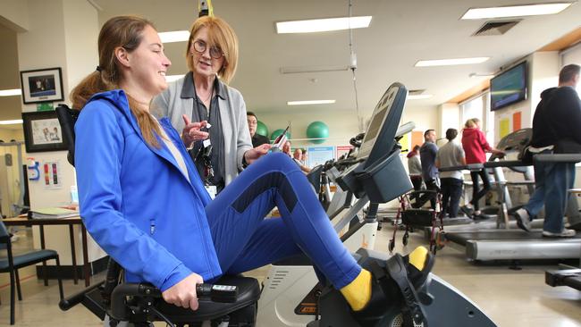 Petra Brosch, attends rehab this week with physiotherapist Dr Louise Fuller at the Alfred Hospital gym. Picture: David Caird