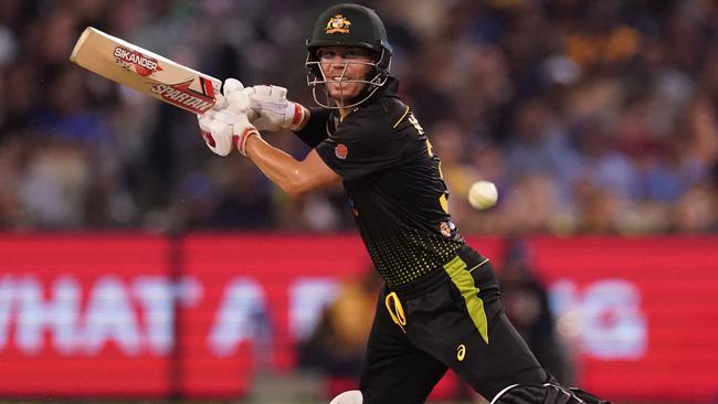 David Warner of Australia bats during the T20 International match between Australia and Sri Lanka at the MCG in Melbourne, Friday, November 1, 2019. (AAP Image/Scott Barbour) NO ARCHIVING, EDITORIAL USE ONLY