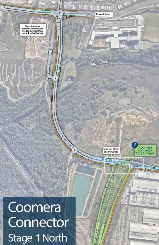 How Stage One North of the Coomera Connector will terminate at Shipper Drive until future stages are constructed.