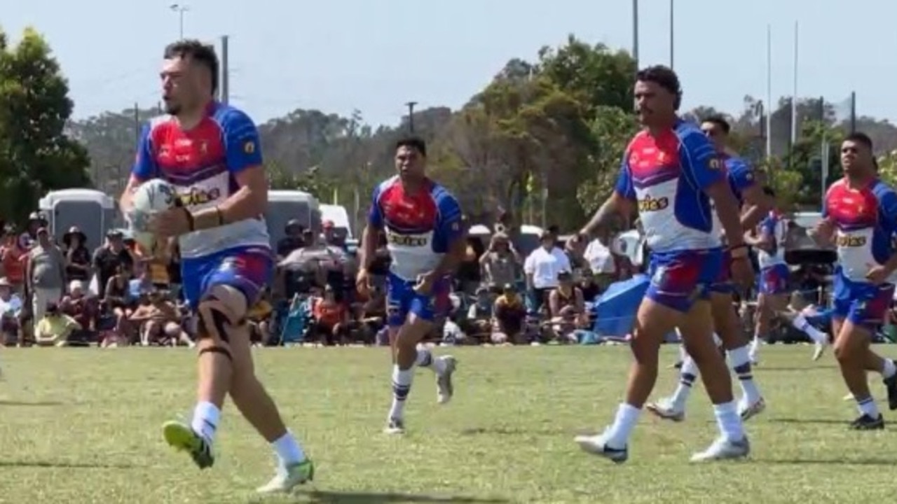 Latrell Mitchell (right) played for the Newcastle Yowies in the Koori Knockout but wasn’t available for Kangaroos selection. Pic: NITV and Fox League