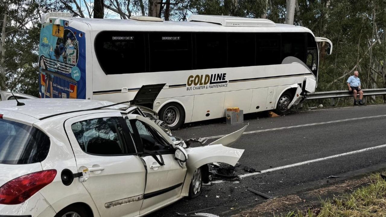 Paramedics and police rushed to Mooloolah Rd in Eudlo about 4.15pm after a school bus and car collided. Photo: 7 Local News