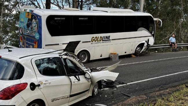 Paramedics and police rushed to Mooloolah Rd in Eudlo about 4.15pm after a school bus and car collided. Photo: 7 Local News