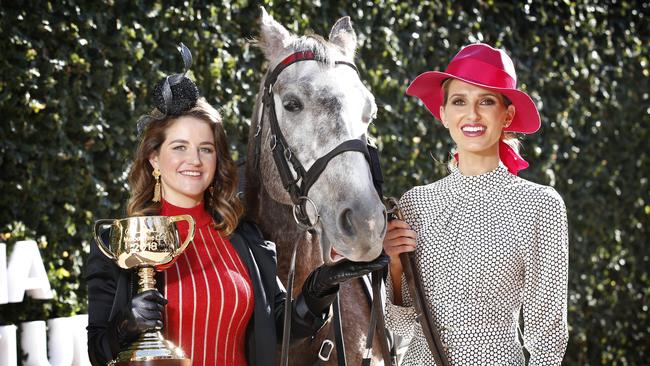 Melbourne Cup winning jockey Michelle Payne with clerk of the course horse Brian and Kate Waterhouse during the launch. Picture: David Caird