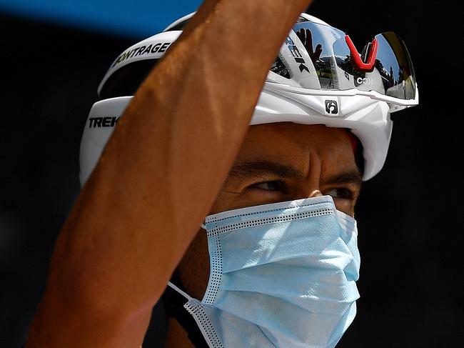 SAINT MARTIN DE BELLEVILLE, FRANCE - AUGUST 14: Start / Richie Porte of Australia and Team Trek - Segafredo / Covid safety measures / Team Presentation / during the 72nd Criterium du Dauphine 2020, Stage 3 a 157km stage from Corenc to Saint Martin de Belleville 1419m on August 14, 2020 in Saint Martin de Belleville, France. (Photo by Justin Setterfield/Getty Images)