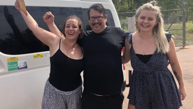 From leeft, Carla Muir, Joe Edwards, and Ella Worthington leave Howard Springs quarantine facility after the NT Government removed SA as a hot spot. Picture: Glenn Campbell