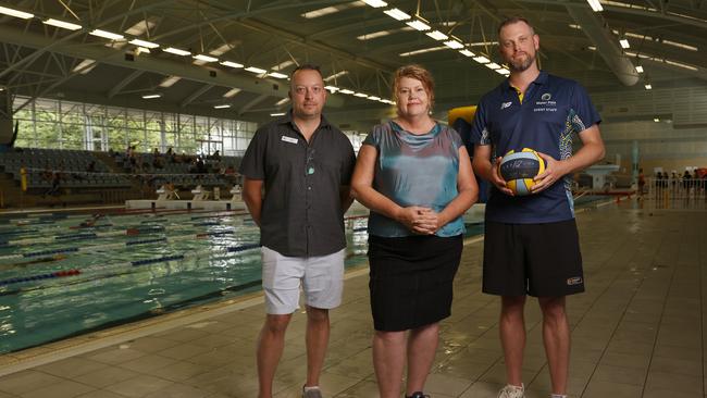 Nick Canals business manager Doone Kennedy Hobart Aquatic Centre, Anna Reynolds mayor City of Hobart, Aaron Debnam president Water Polo Tasmania who are all concerned about the repairs needed to the centres roof. Doone Kennedy Hobart Aquatic Centre is in need of significant repairs to the roof and ceiling. Picture: Nikki Davis-Jones