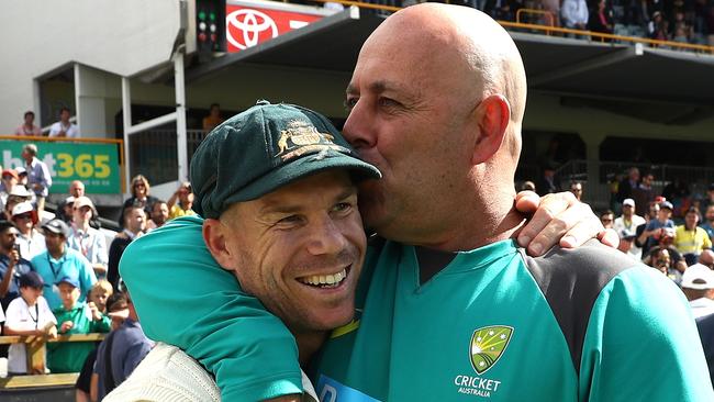 David Warner of Australia and Australian Head Coach Darren Lehmann. (Photo by Ryan Pierse/Getty Images)