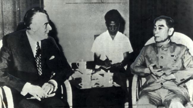 Australia Labour Party leader Gough Whitlam talks with communist Chinese Premier Chou En-Lai in Peking in 1971. Picture: AP