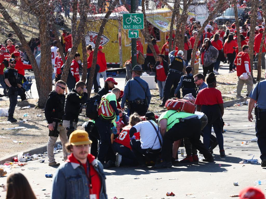 Law enforcement and medical personnel respond to a shooting at Union Station during the Kansas City Chiefs Super Bowl LVIII victory parade. Picture: Getty Images