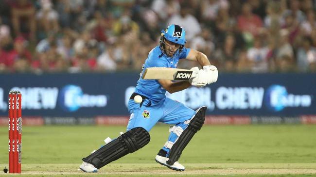 Jon Wells of the Strikers hits a boundary during his innings of 40 off 28 balls in the Big Bash League cricket match between the Sydney Sixers and Adelaide Strikers at Coffs International Stadium in Coffs Harbour, Sunday, January 5, 2020. Photo: Jason O'Brien / AAP. Picture: JASON O'BRIEN