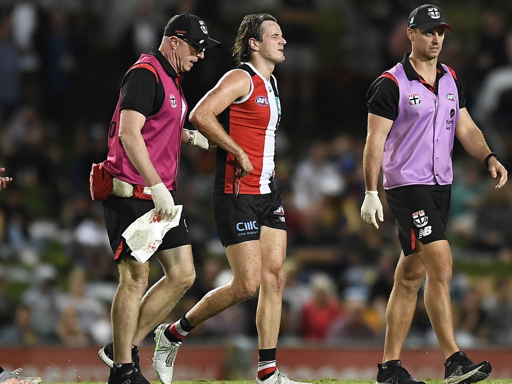 Clark left the field following the bump. (Photo by Albert Perez/AFL Photos/via Getty Images)