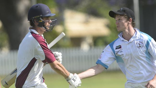 Coutts Crossing captain Nick Wood shakes Billy Kerr's hand after the Brothers batsman scored 98 in the Clarence River Cricket Association 2017/18 round 3 GDSC Premier League match between Clocktower Hotel Brothers and Grafton Hotel Coutts Crossing at Ellem Oval on Saturday, 4th November, 2017.