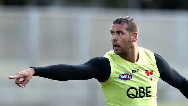 Swas player Buddy Franklin at training yesterday. Picture. Phil Hillyard