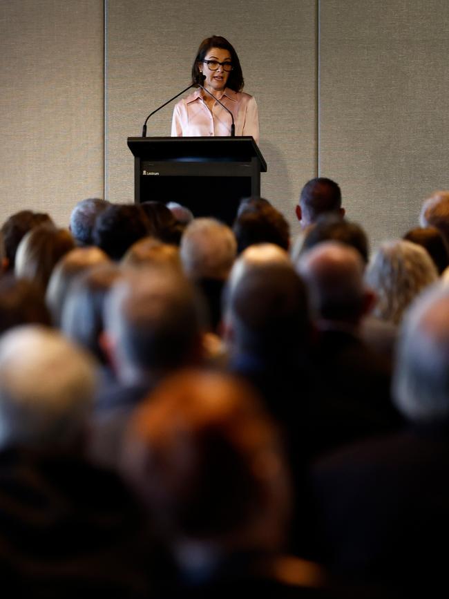 Rebecca Walls, daughter of Robert Walls speaks during his funeral service. Picture: Michael Willson/AFL Photos via Getty Images