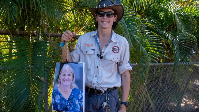 Tyson Whitefield from Crocodylus Park as Speckles the psychic croc predicts the 2024 Northern Territory election will swing to Labor leader Eva Lawler. Picture: Pema Tamang Pakhrin