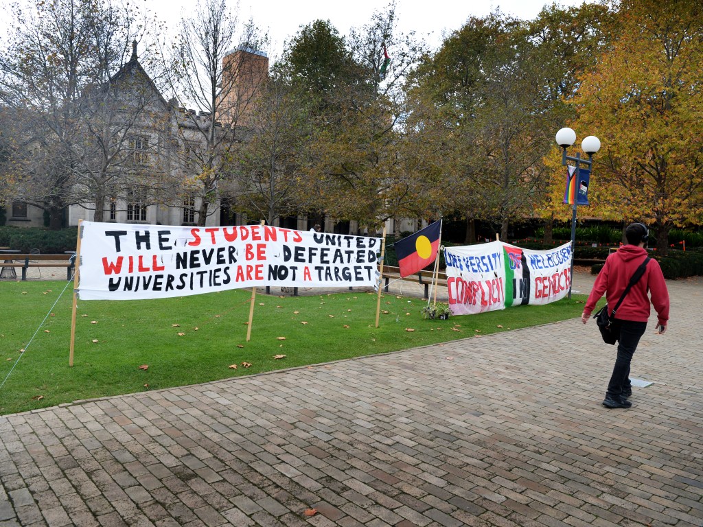 MELBOURNE, AUSTRALIA - NewsWire Photos MAY 20, 2024: Signs at Melbourne University to protest the current genocide being committed by Israel in Palestine. Picture: NCA NewsWire / Andrew Henshaw